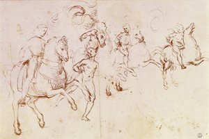 Studie van vier ruiters en een mannelijk naakt voor een 